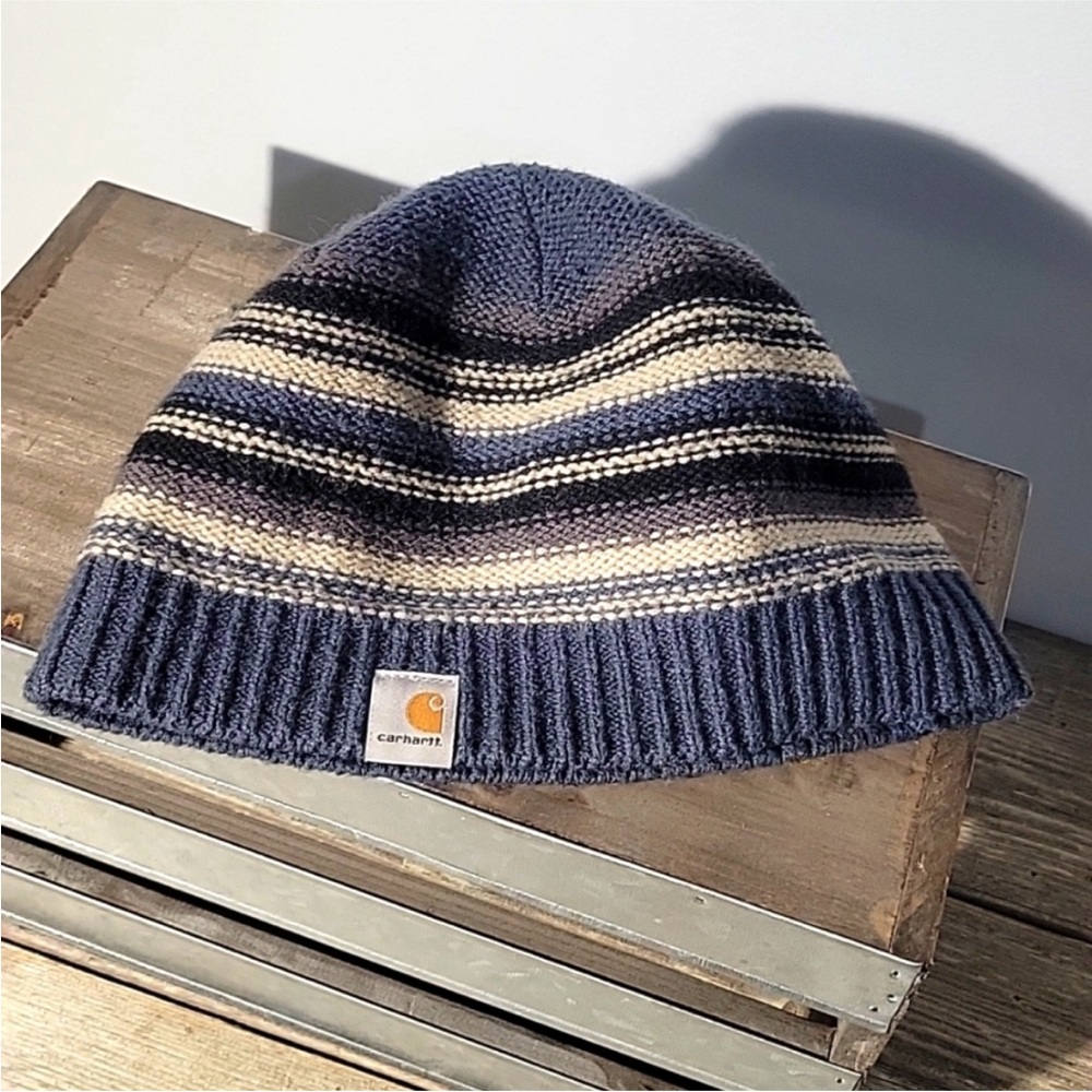 Carhartt Blue and Cream Striped Beanie